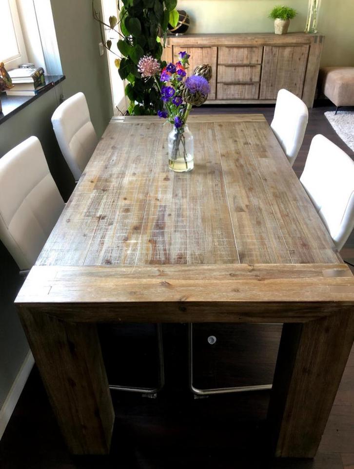 Robuuste eettafel van acaciahout, Huis en Inrichting, Tafels | Eettafels, Gebruikt, 50 tot 100 cm, 150 tot 200 cm, Rechthoekig