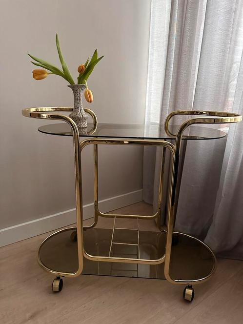 Vintage Barcart, Huis en Inrichting, Tafels | Bijzettafels, Gebruikt, Ovaal, 60 cm of meer, 75 cm of meer, Glas, Ophalen