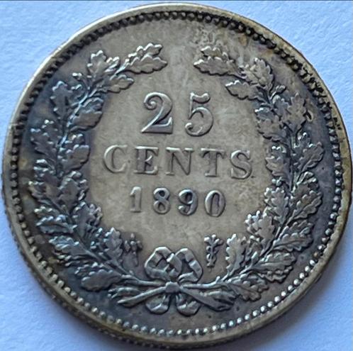 Zilveren kwartje 1890 zonder punt schaars!, Postzegels en Munten, Munten | Nederland, Losse munt, 25 cent, Koning Willem III, Zilver