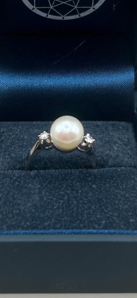 14k witgouden ring met parel & diamanten, Sieraden, Tassen en Uiterlijk, Ringen, Zo goed als nieuw, Dame, Kleiner dan 17, Wit