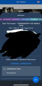 Tyler The Creator €100. 14 May ziggo dome Staanplaats, Eén persoon