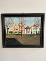 Naïef schilderij: Winkels aan dorpsplein in zwarte lijst, Ophalen of Verzenden