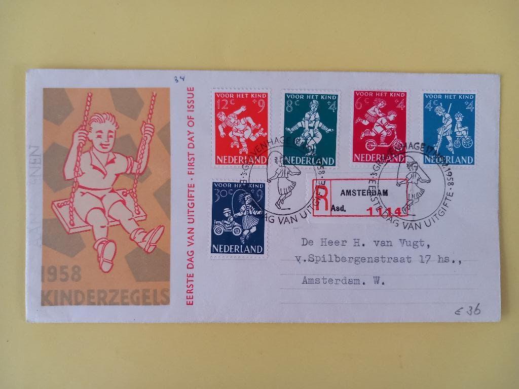 1958 Kinderzegels FDC E36 met open klep e1, Postzegels en Munten, Verzenden, Beschreven, Nederland