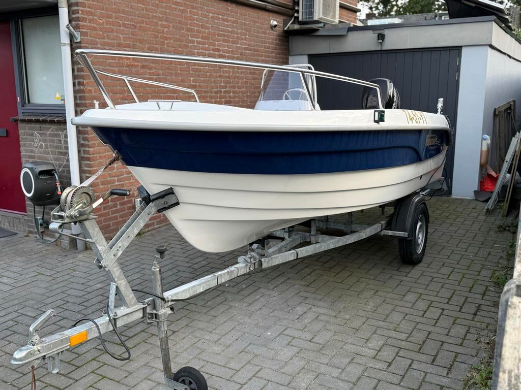 Topcraft 440 met 25pk Mercury buitenboordmotor en trailer, Ophalen, 10 tot 30 pk, Zo goed als nieuw, Tot 6 meter