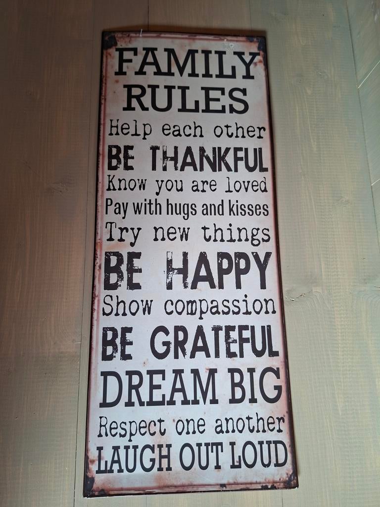 Metalen bord "Family Rules" - 76x30,5 cm, Huis en Inrichting, Ophalen of Verzenden, Nieuw