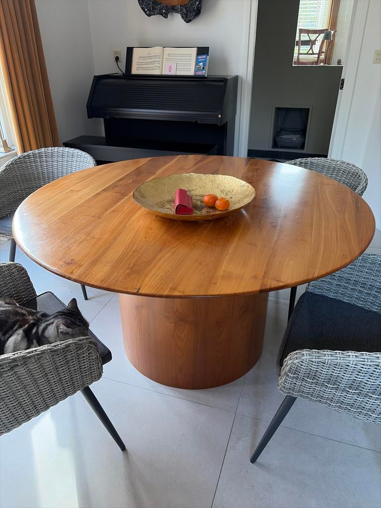 Ronde Eettafel Massief Teakhout 150 cm met Demontabele Poot, Ophalen, Gebruikt, 100 tot 150 cm, Vijf personen of meer