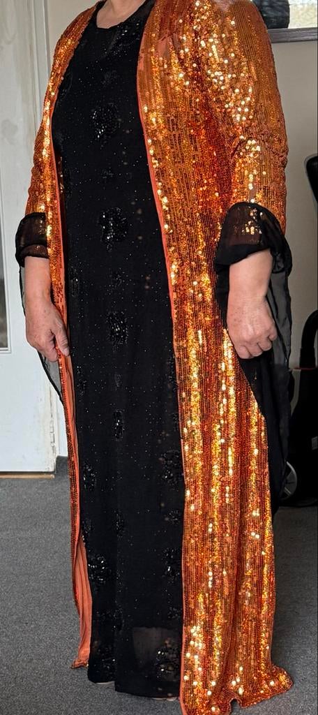 Oranje pailletten jurk met zwarte onderjurk, Galajurk, Maat 42/44 (L), Oranje, Ophalen of Verzenden