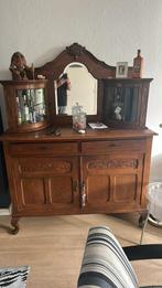 Vintage eiken dressoir met spiegel en vitrinekasten, Antiek en Kunst, Antiek | Meubels | Kasten, Ophalen of Verzenden