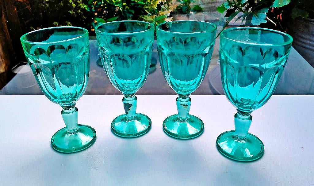 Antiek Anna Groen Uranium Glas - 4 Sorbet ijscoupe Glazen, Ophalen of Verzenden