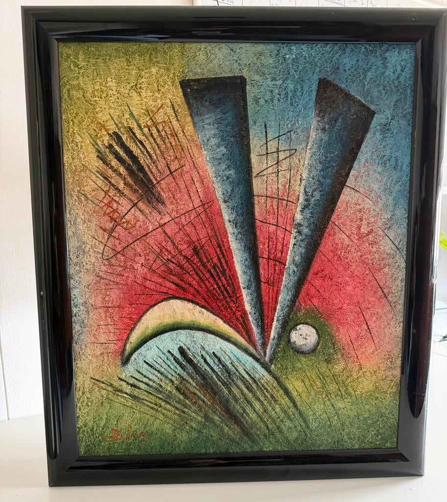 Schilderij met zwarte glanzende lijst, Antiek en Kunst, Kunst | Schilderijen | Abstract, Ophalen of Verzenden