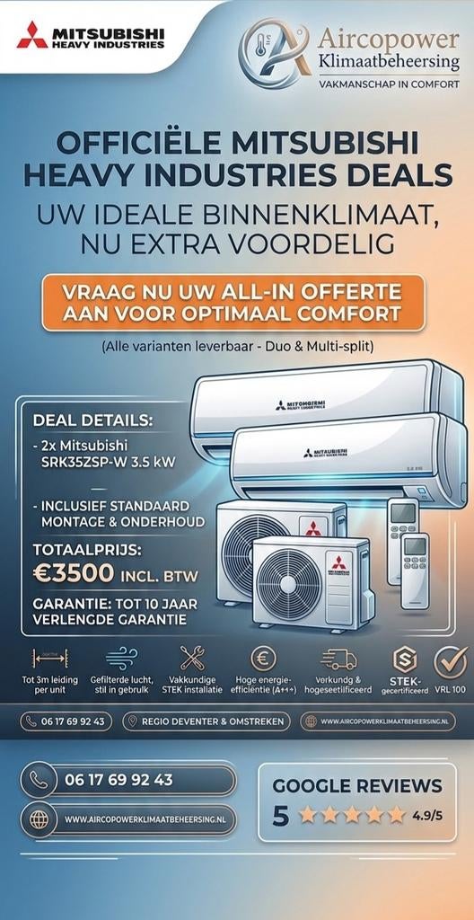 Mitsubishi SRK35ZP-W 3.5 kW Duo-split Airco met Montage, Witgoed en Apparatuur, Airco's, Koelen en Ontvochtigen, Energieklasse A of zuiniger