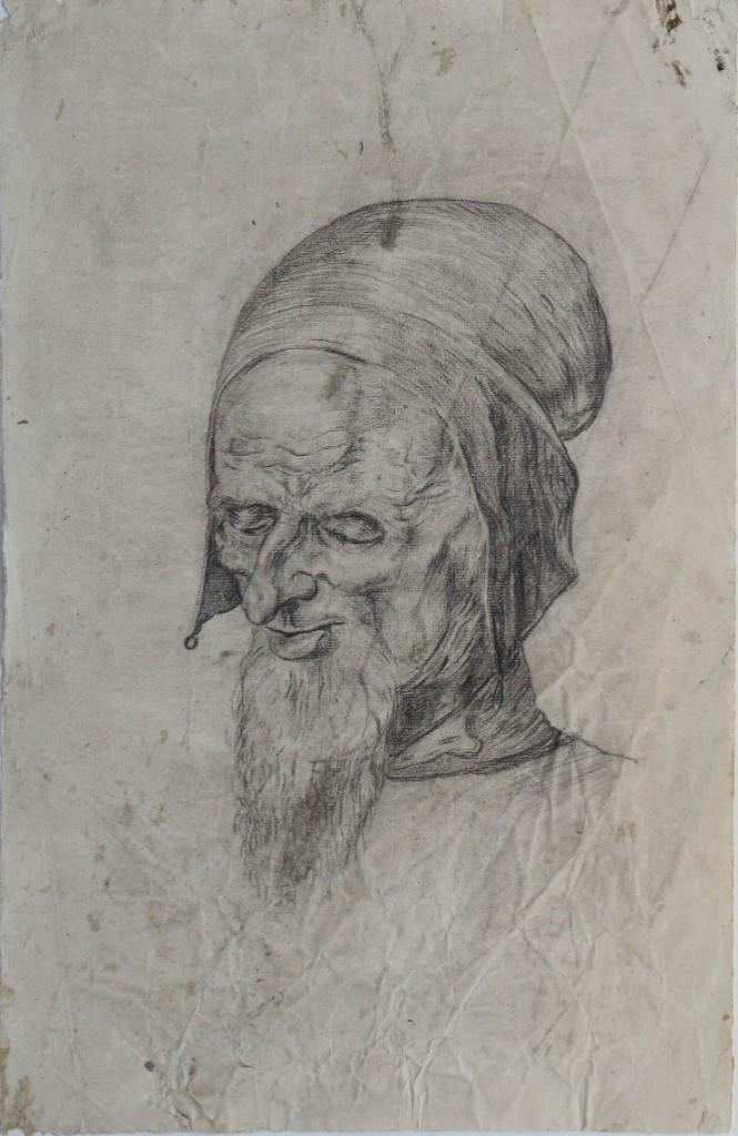 19e of 20e eeuw krijttekening "Portret Kluizenaar met Baard", Ophalen