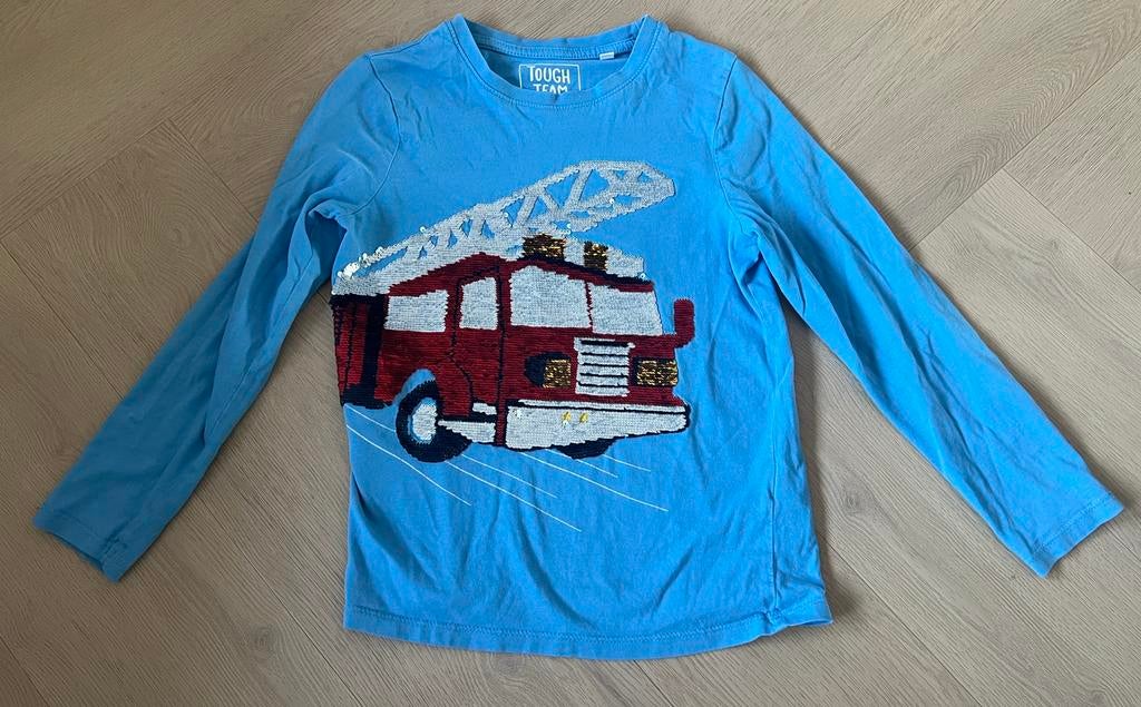 Verander shirt pailletten maat 128 Brandweerwagen, Ophalen of Verzenden, Zo goed als nieuw, Jongen, Shirt of Longsleeve