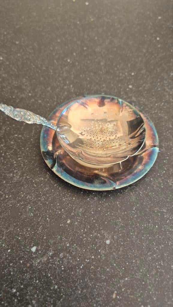 Theezeefje met lekschoteltje, Antiek en Kunst, Antiek | Goud en Zilver, Ophalen of Verzenden, Zilver