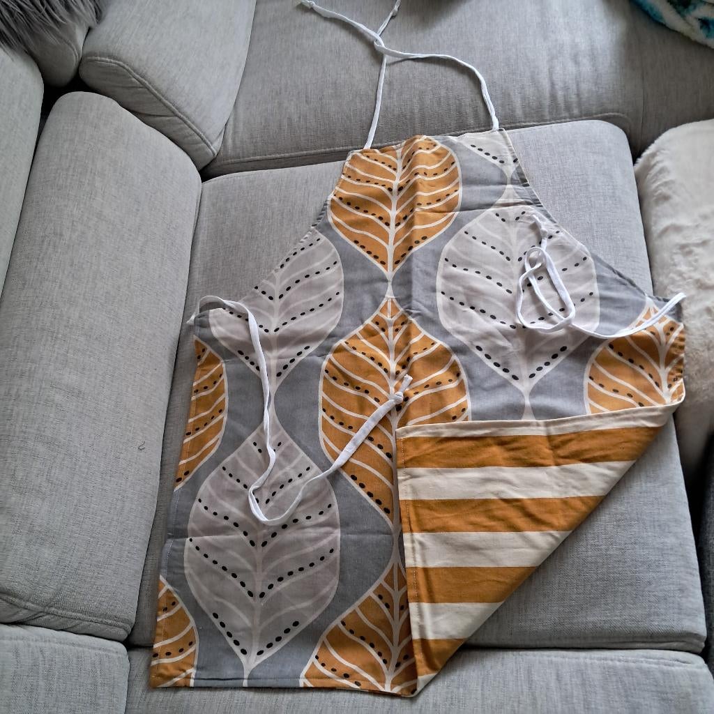 Handgemaakt keukenschort 2zijdig hergebruik geel grijs 2404, Schort, -, Nieuw, Ophalen of Verzenden