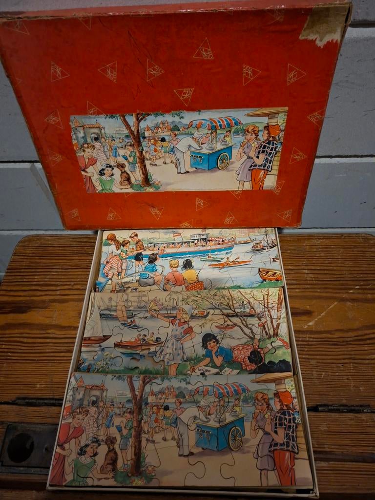 Oude kinder legpuzzel met zomerse afbeeldingen, Antiek en Kunst, Ophalen of Verzenden