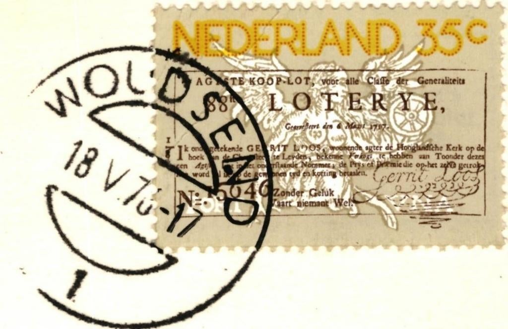 802566 Woudsend Friesland 1970 _ mooie zegel Staatsloterij, Verzamelen, Ophalen of Verzenden, 1960 tot 1980, Gelopen, Friesland
