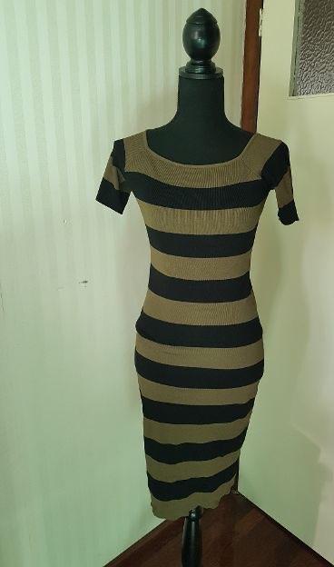 Sexy groen zwart gestreepte Vintage Dressing jurk S 36 38, Kleding | Dames, Jurken, Gedragen, Maat 36 (S), Zwart, Onder de knie