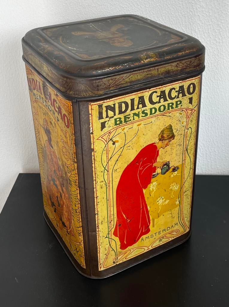 antiek blik India cacao Bensdorp art nouveau, Verzamelen, Blikken, Gebruikt, Overige, Overige merken, Ophalen of Verzenden