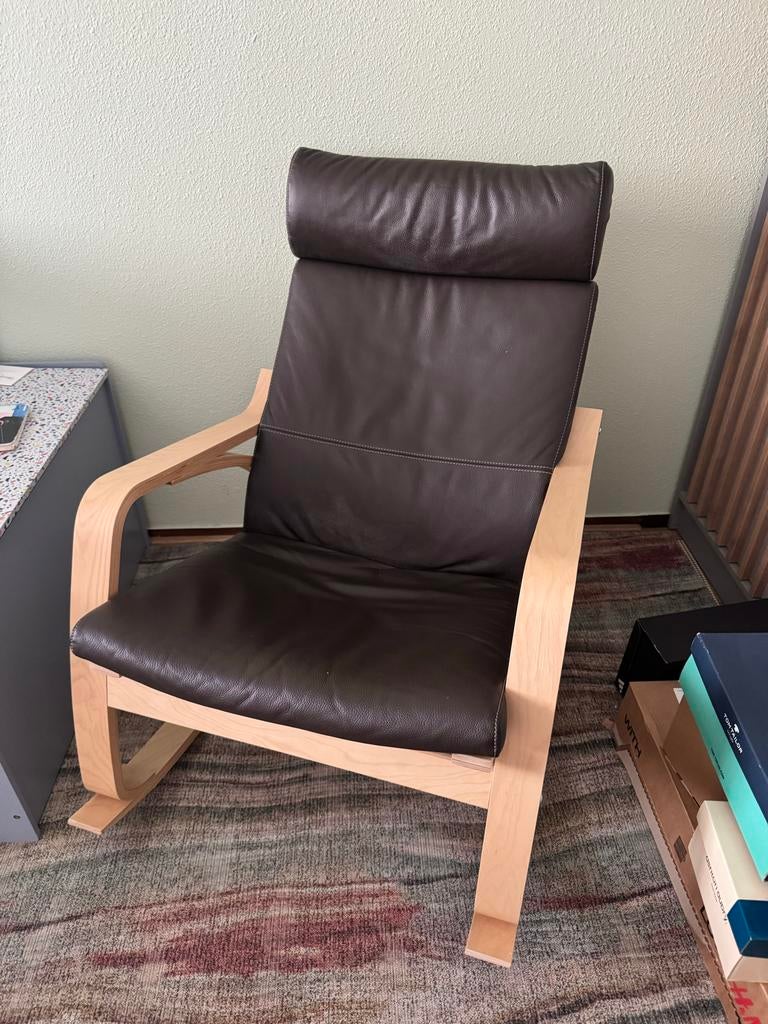 Ikea POÄNG schommelstoel met leer, Huis en Inrichting, Fauteuils, Ophalen, Gebruikt, 75 tot 100 cm, 50 tot 75 cm