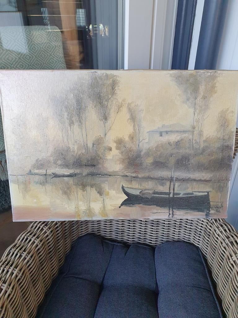 Schilderij met landschap en boot, Antiek en Kunst, Kunst | Schilderijen | Klassiek, Ophalen of Verzenden