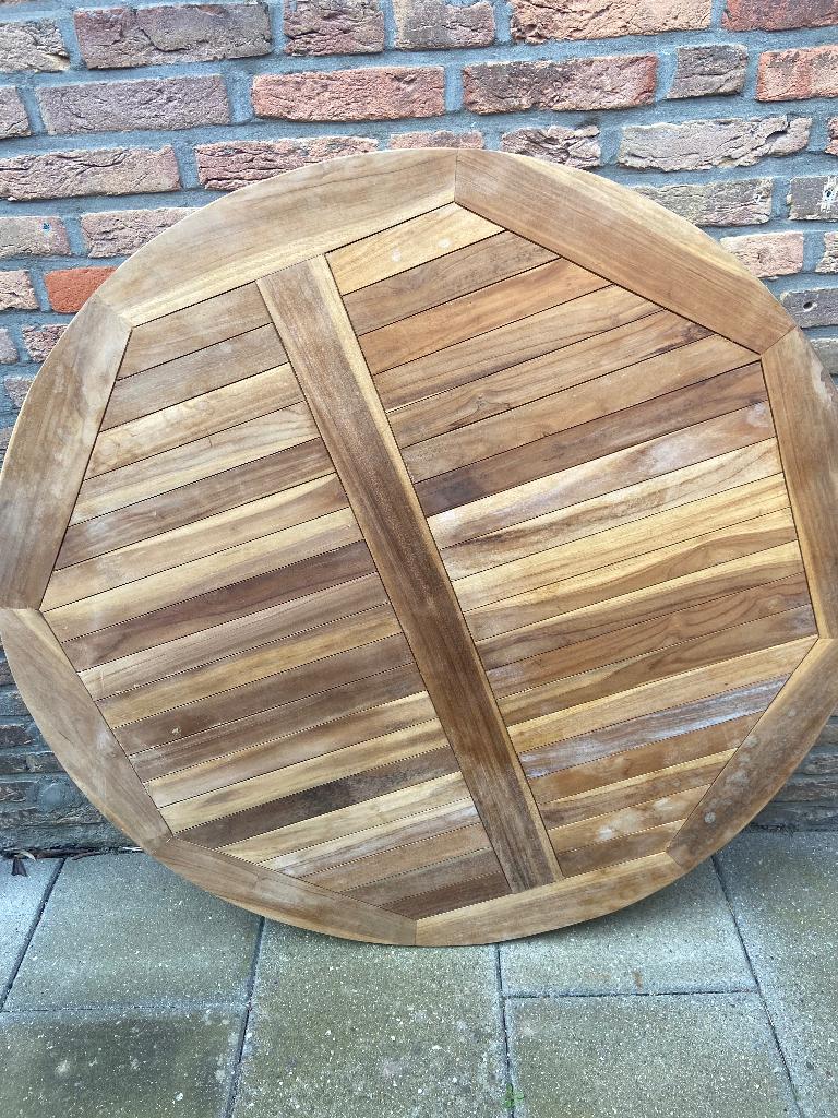 Rond teakhout tafelblad 120cm handgemaakt, Ophalen, Zo goed als nieuw