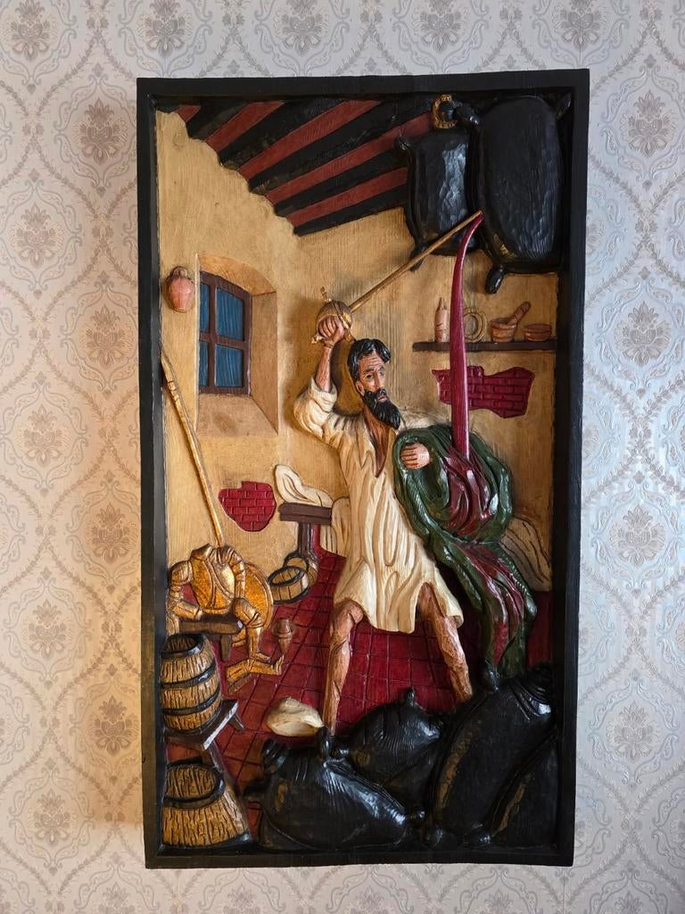 Groot Handgestoken Don Quichot Reliëf – 98cm – Massief Hout, Ophalen