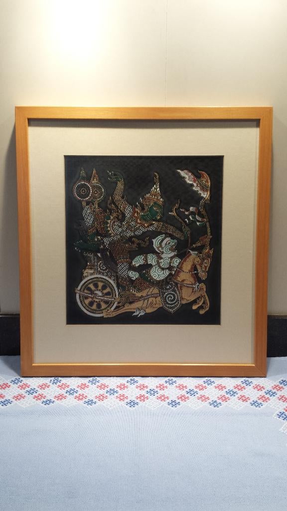 Schilderij Afb. op Zijde <> Strijdwagen uit de Ramayana Epos, Antiek en Kunst, Ophalen of Verzenden