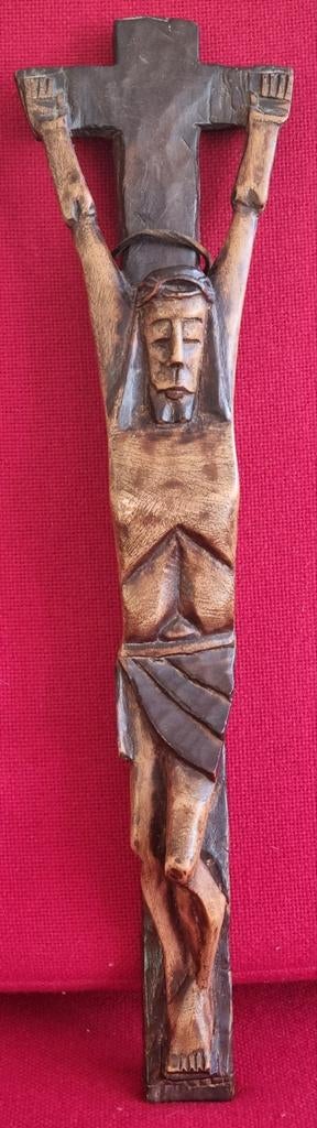Houten kruisbeeld Jezus Christus uit een stuk hout gesneden, Antiek en Kunst, Ophalen of Verzenden