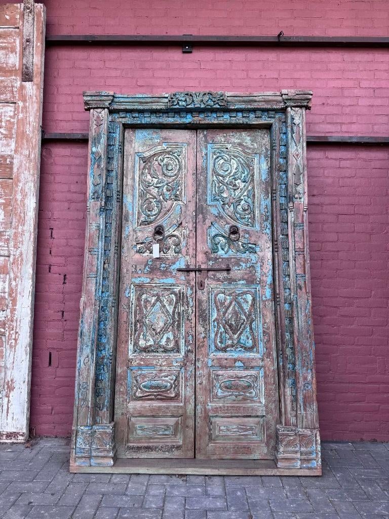 Indiase teakhouten dubbele deur in kozijn, Ophalen of Verzenden, Gebruikt