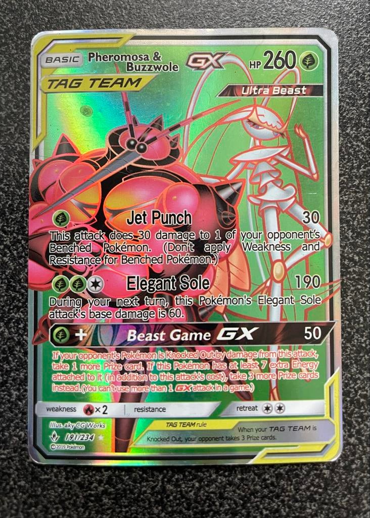Pokémon Pheromosa & Buzzwole GX TAG TEAM kaart, Ophalen of Verzenden, Gebruikt, Losse kaart, Foil