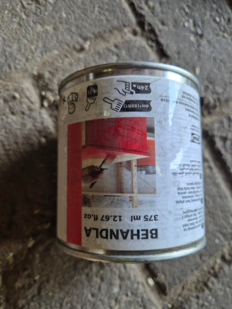 IKEA BEHANDLA Beits - Rood (375 ml) 18 Blikken, Gebruikt, Beits, Ophalen of Verzenden, Minder dan 5 liter