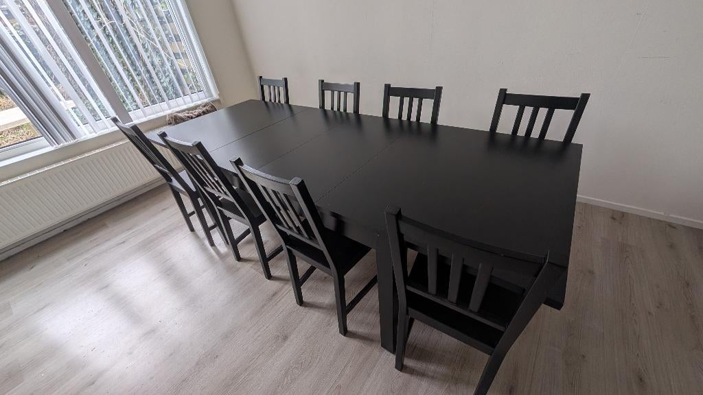 IKEA Bjursta uitschuifbare eettafel – zwart (4–10 personen), Huis en Inrichting, Tafels | Eettafels, Ophalen, Zwart, modern, 200 cm of meer