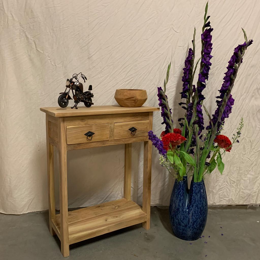 Sidetable - 60 x 30 cm - 2 lades - massief teak - TTM Wonen, Huis en Inrichting, Tafels | Sidetables, TTM Wonen, Meubels – (Perzische) Tapijten en Woonaccessoires