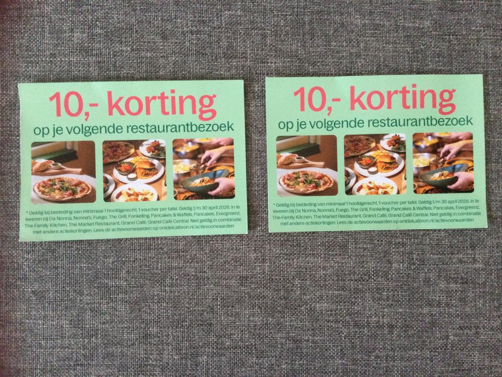 2 x 10,00 euro korting bij een hoofdgerecht bij Centerparcs., Twee personen, Kortingsbon, Bungalowpark