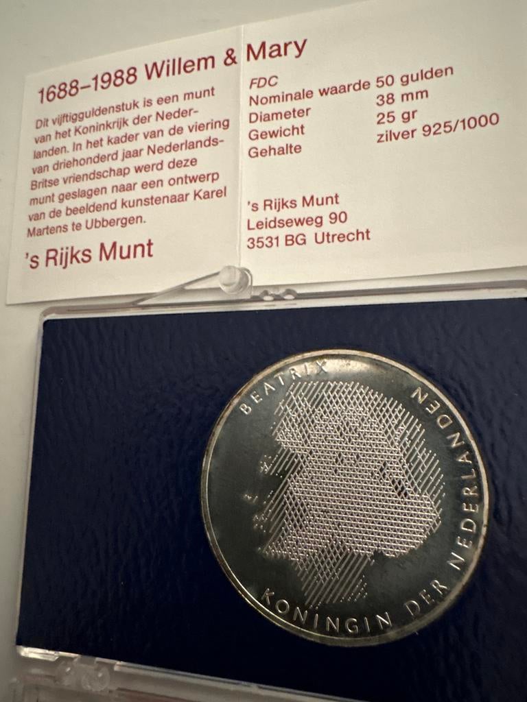 50 gulden munt 1988 Willem & Mary, Postzegels en Munten, Munten | Nederland, Koningin Beatrix, Zilver, Ophalen of Verzenden, Losse munt