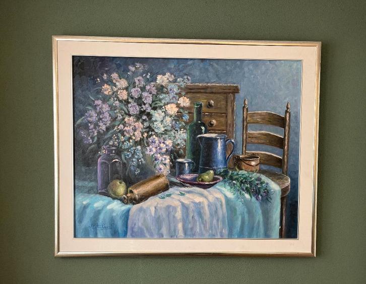 Groot schilderij stilleven kamerinterieur., Antiek en Kunst, Kunst | Schilderijen | Klassiek, Ophalen