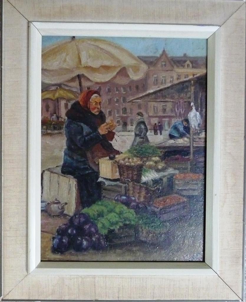 Oud  Markt 1927 - gesigneerd - olieverf op karton - gelijst, Ophalen of Verzenden