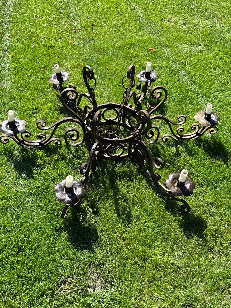 Antieke smeedijzeren kroonluchter met 6 kaarsenhouders, Ophalen, Overige materialen
