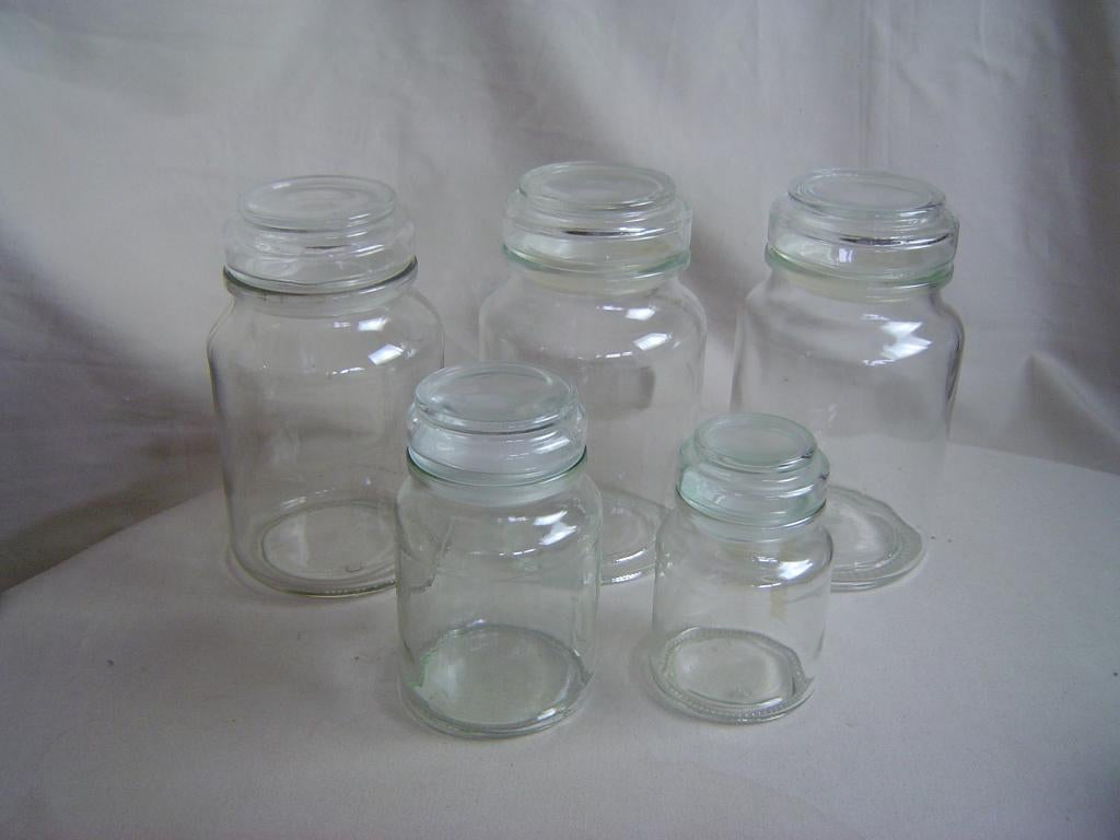 5 vintage glazen potten met platte stop, Ophalen of Verzenden, Gebruikt, Glas, Pot, Bus of Blik