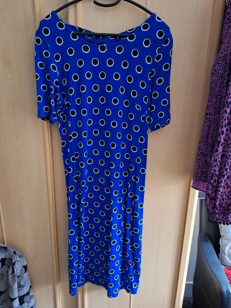 Blauwe jurk met noppen: Juffrouw Jansen, Maat 38/40 (M), Blauw, Ophalen of Verzenden, Zo goed als nieuw