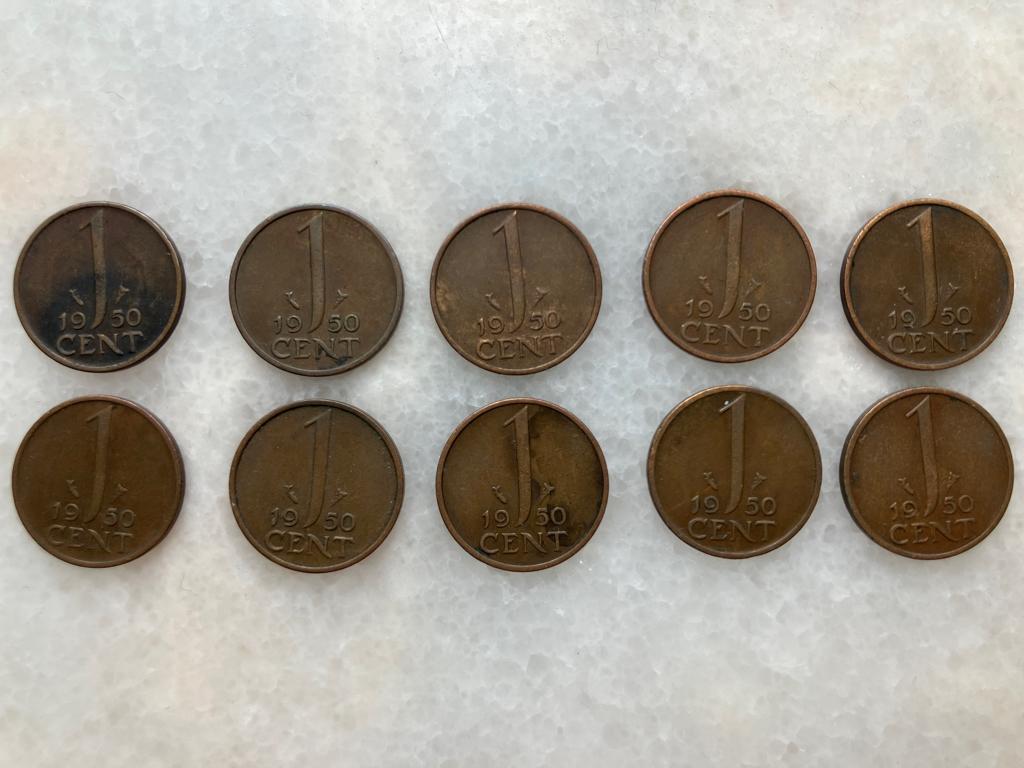 10 Centen 1950, Postzegels en Munten, Ophalen of Verzenden, Koningin Juliana, 1 cent, Losse munt
