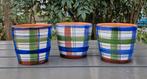 Drie vintage leuk gedecoreerde keramiek bloempotten, Ophalen, Rond, Zo goed als nieuw, Aardewerk