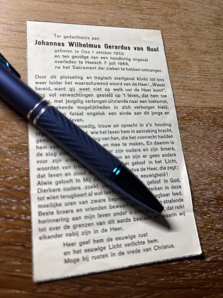 Buul van Johannes 1950 Oss 1968 Heesch  noodlottig ongeval, Verzamelen, Bidprentjes en Rouwkaarten, Ophalen of Verzenden