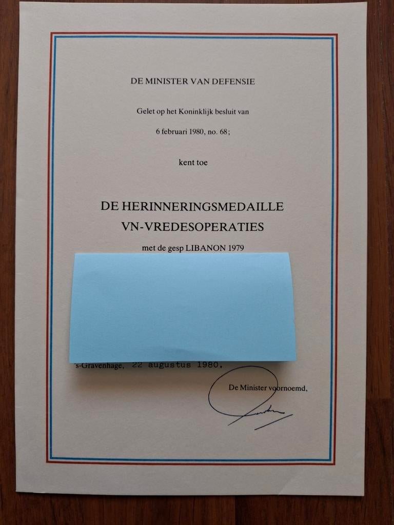 Certificaat Herinneringsmedaille VN Vredesoperaties Libanon, Ophalen of Verzenden, Landmacht, Nederland, Lintje, Medaille of Wings