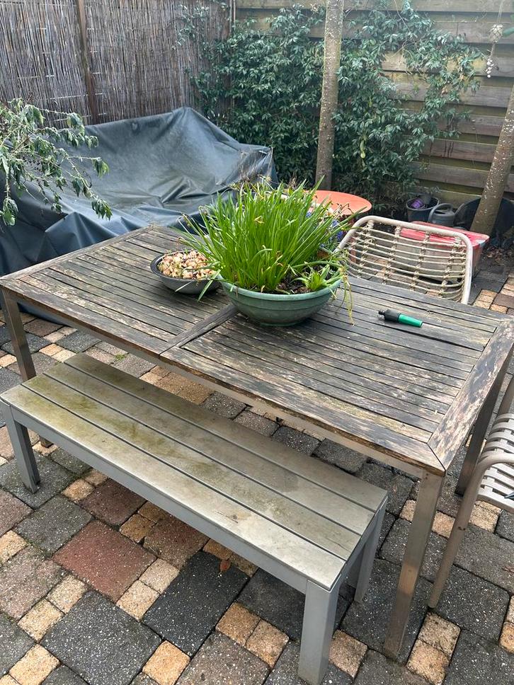 Gratis Robuuste Tuintafel 80x160 cm - Hout en Metaal, Tuin en Terras, Tuintafels, Gebruikt, Rechthoekig, Hout, Ophalen of Verzenden