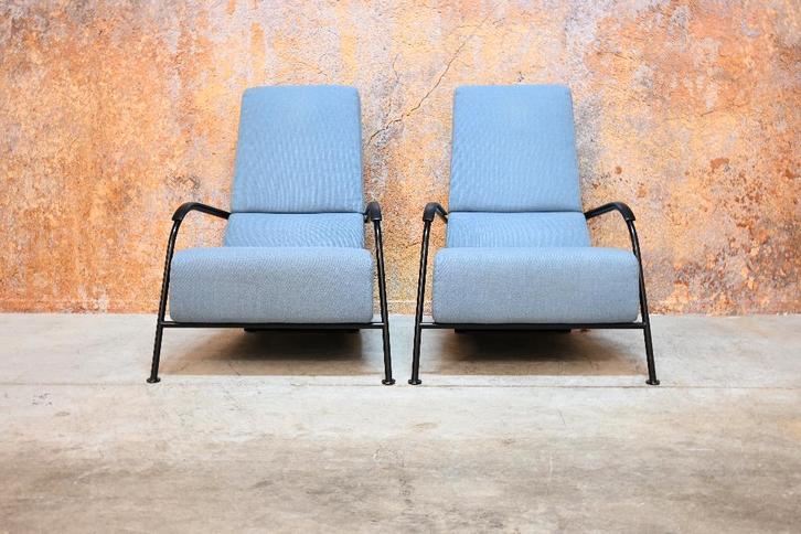 ZGAN! 2 lichtblauwe stoffen Harvink Mirakel design fauteuils, Huis en Inrichting, Fauteuils, Zo goed als nieuw, Metaal, Stof, 50 tot 75 cm