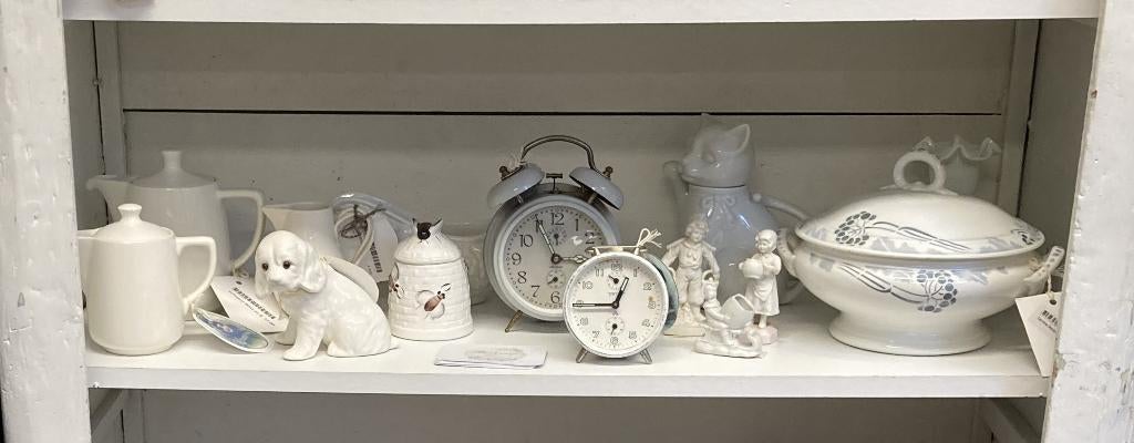 Brocante oude wekkers - dekschaal - honingpotje - theepot, Ophalen of Verzenden