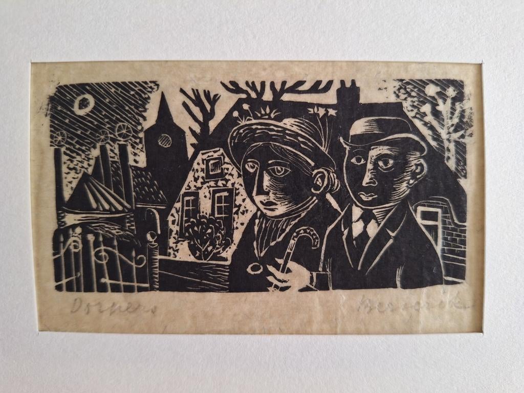 Houtsnede door Berserik - Surrealistisch tafereel, Dagelijks leven, 1950 - 1999, Ophalen of Verzenden, Houtsnede