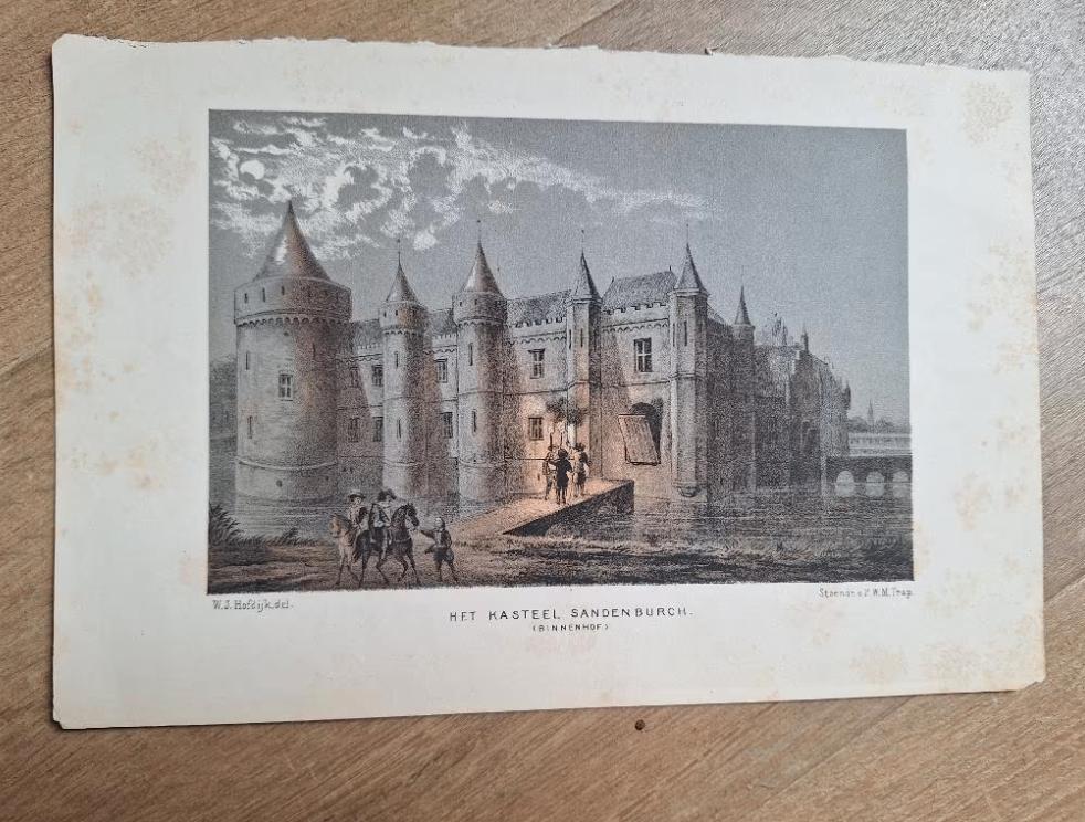 [Koopje] Oude gravure steendruk Kasteel Sandenburch, Verzenden
